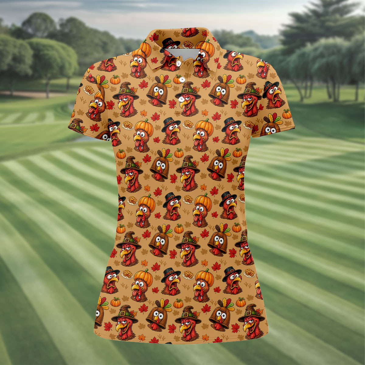 Thanksgiving Pilgrim Turkey Pumpkin Golf Shirt, Womens Golf Tops, Ladies Golf Apparel