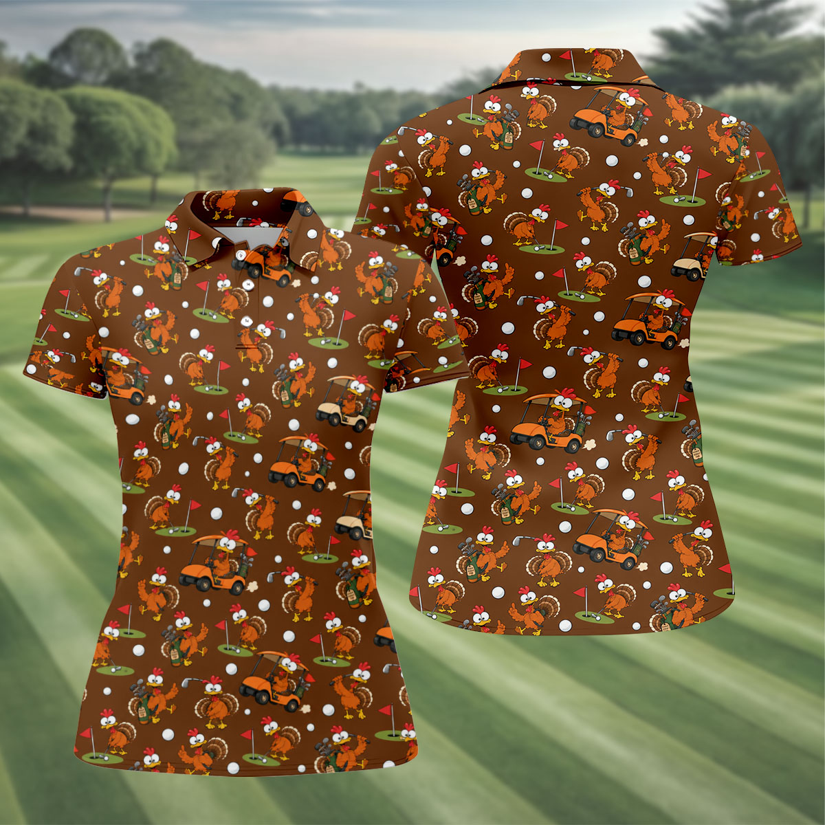 Thanksgiving Turkey Golf Cart Golf Polo Shirt, Womens Golf Tops, Golf Shirts For Women