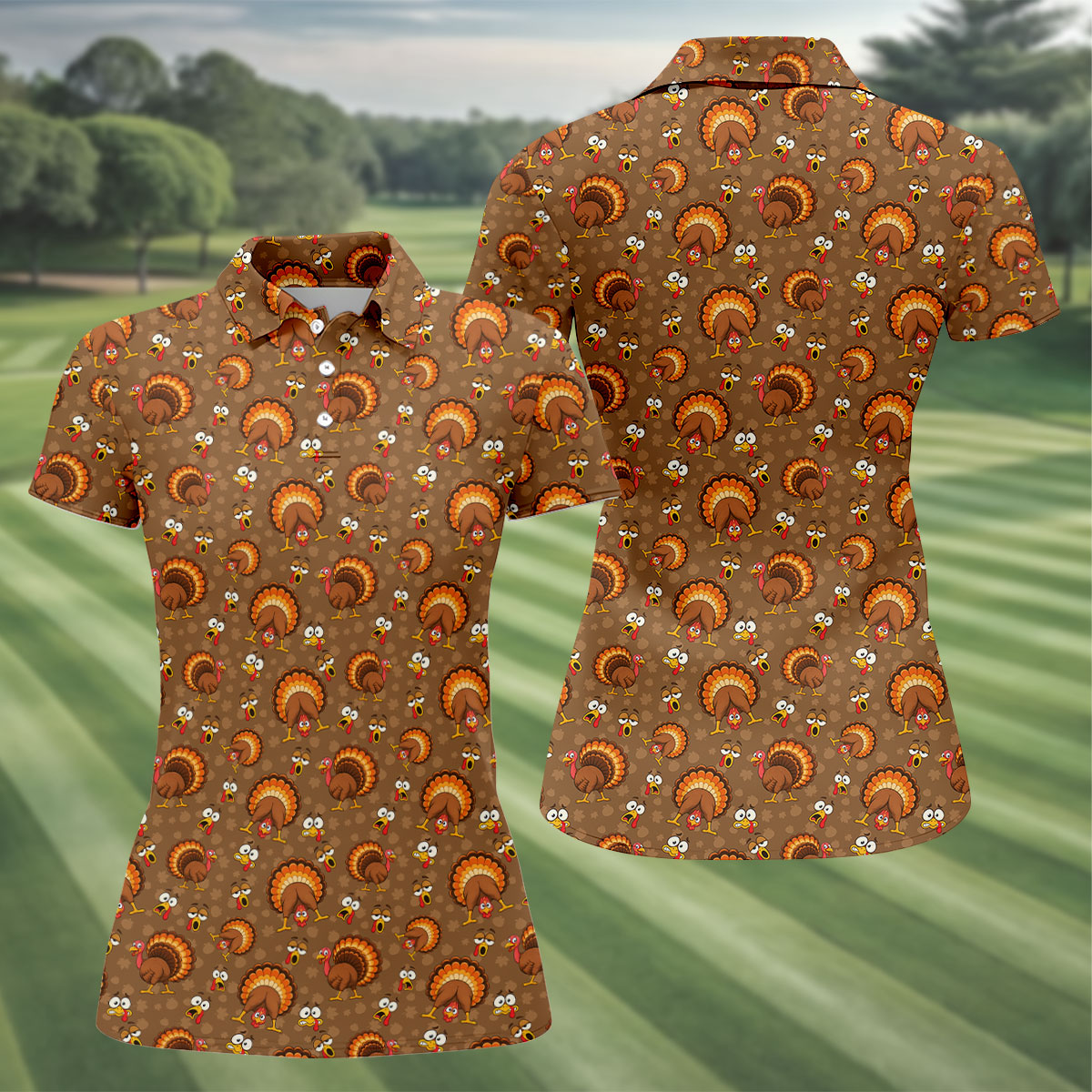 Thanksgiving Fan Tail Turkey Golf Polo Shirt, Womens Golf Apparel, Golf Gifts For Women