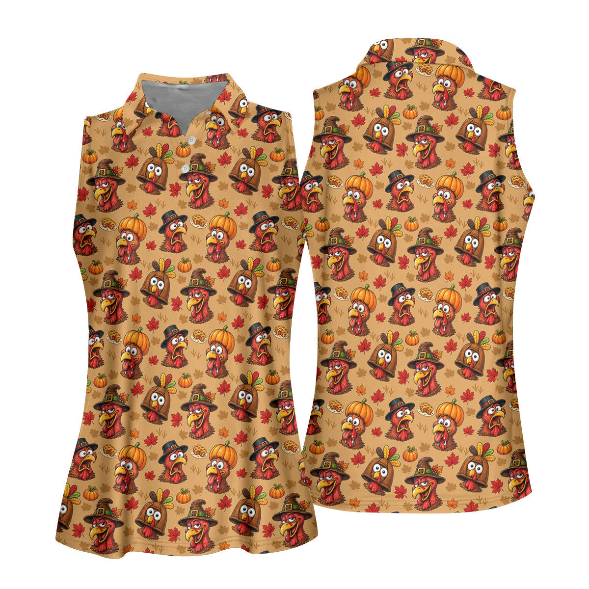 Thanksgiving Pilgrim Turkey Pumpkin Golf Shirt, Womens Golf Tops, Ladies Golf Apparel