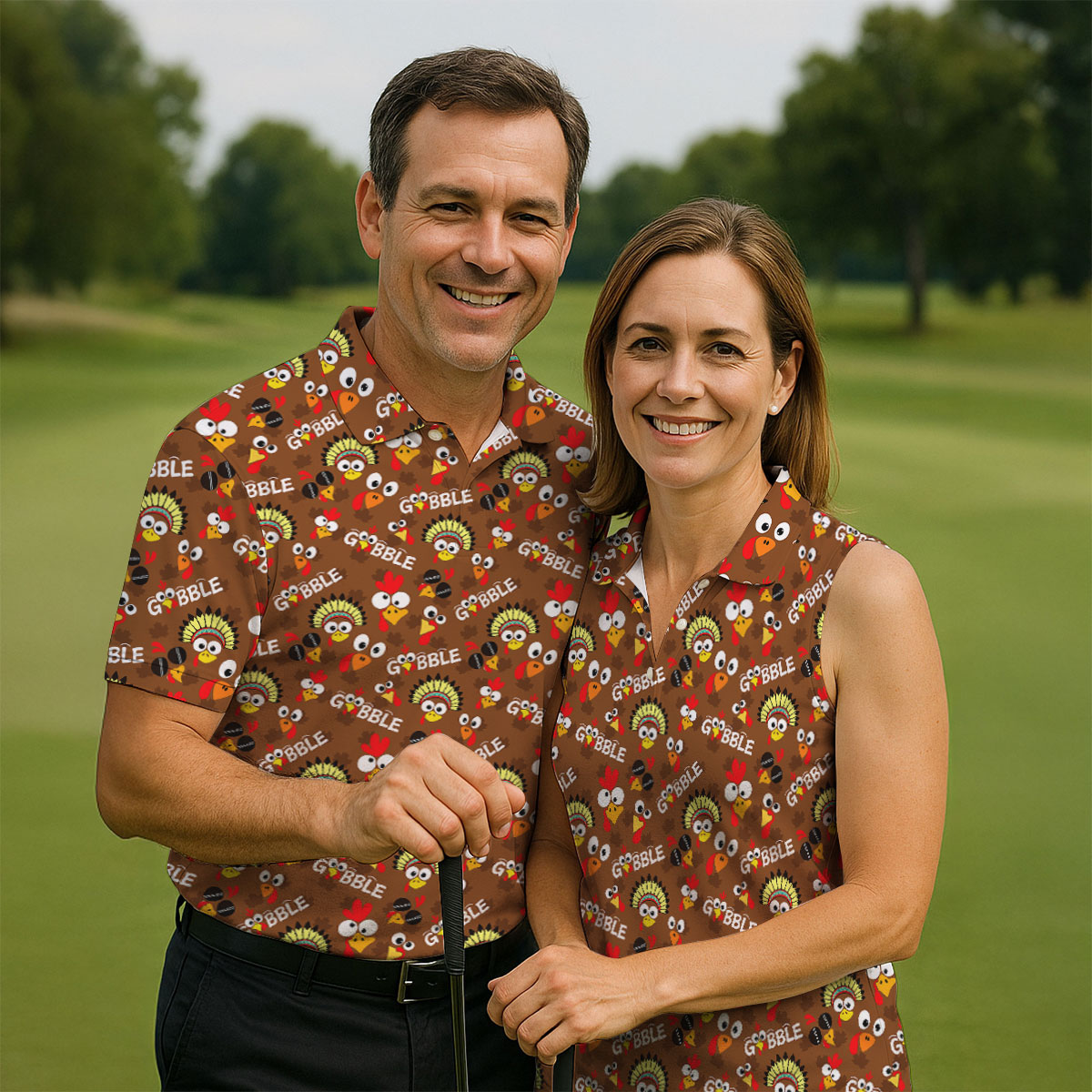 Thanksgiving Gobble Turkey Heads Golf Shirt, Womens Golf Tops, Womens Golf Apparel