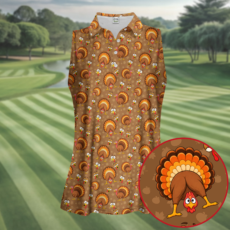 Thanksgiving Fan Tail Turkey Golf Polo Shirt, Womens Golf Apparel, Golf Gifts For Women