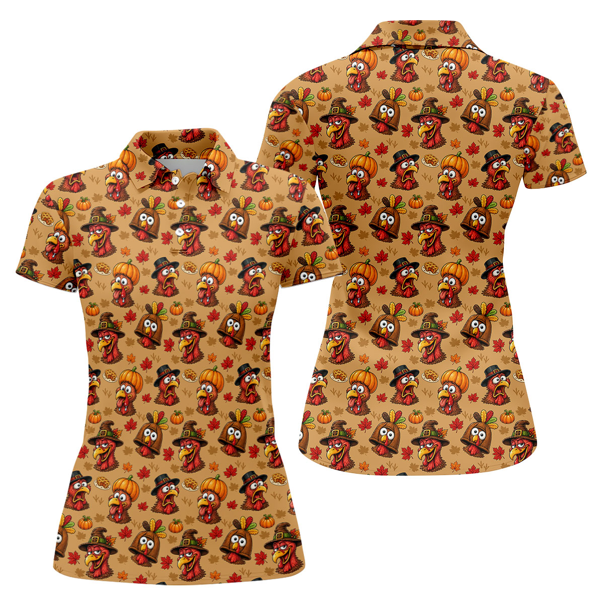 Thanksgiving Pilgrim Turkey Pumpkin Golf Shirt, Womens Golf Tops, Ladies Golf Apparel