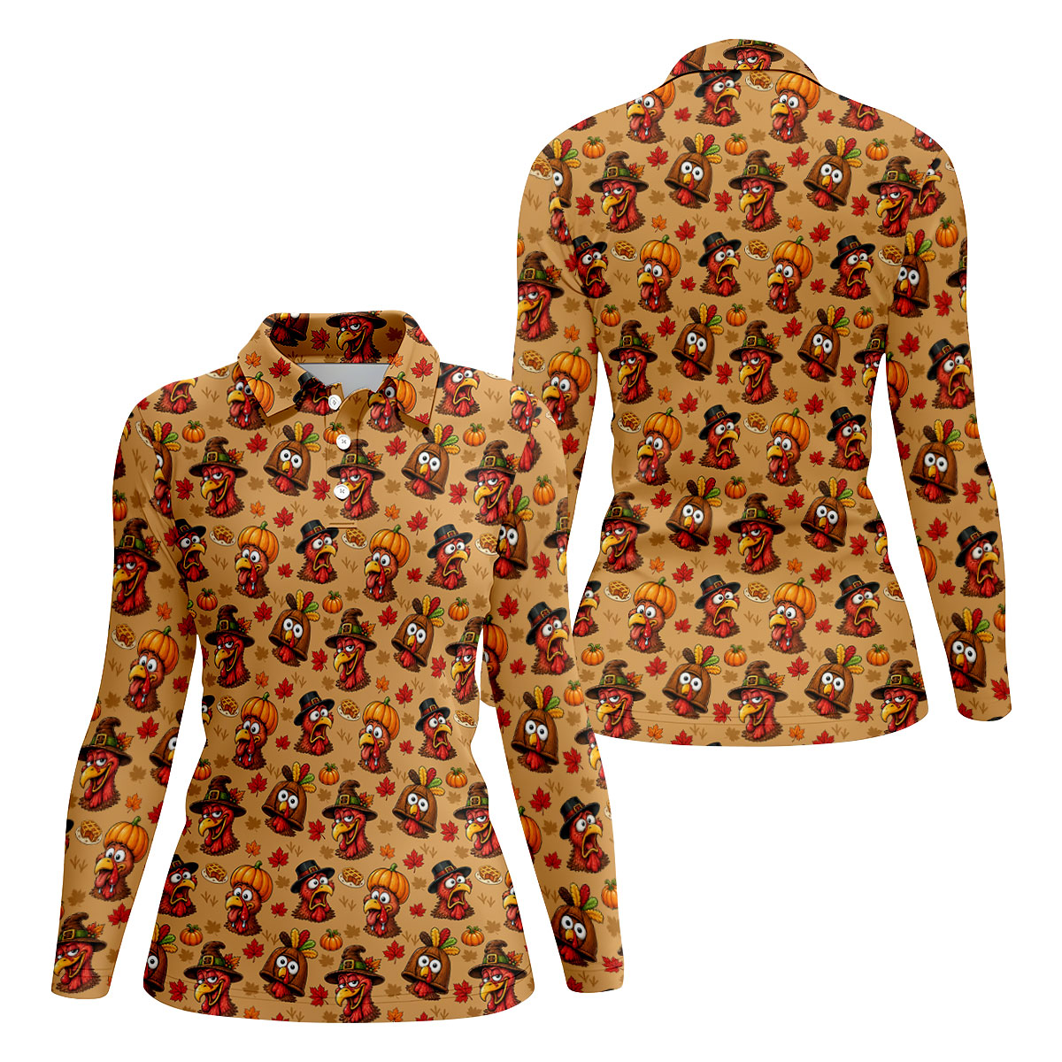 Thanksgiving Pilgrim Turkey Pumpkin Golf Shirt, Womens Golf Tops, Ladies Golf Apparel
