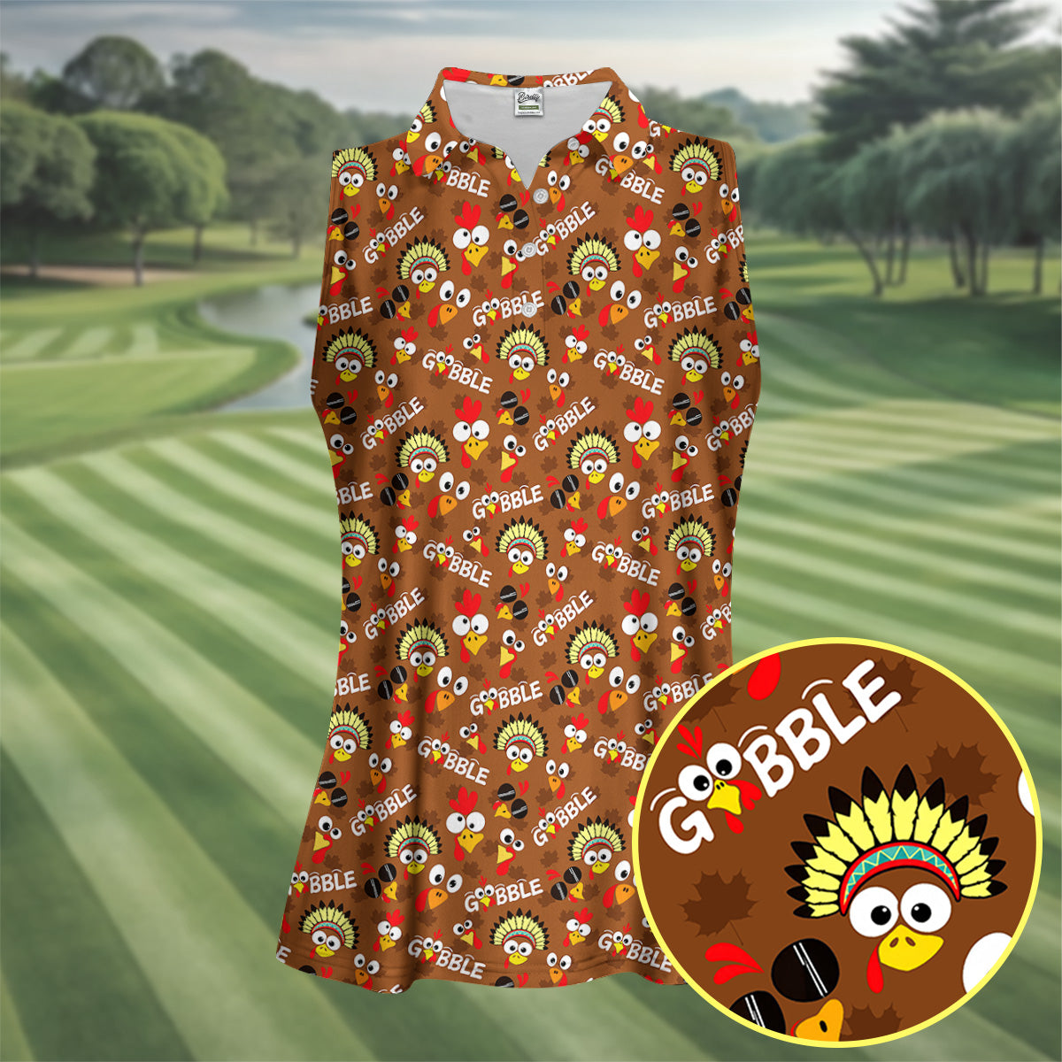 Thanksgiving Gobble Turkey Heads Golf Shirt, Womens Golf Tops, Womens Golf Apparel