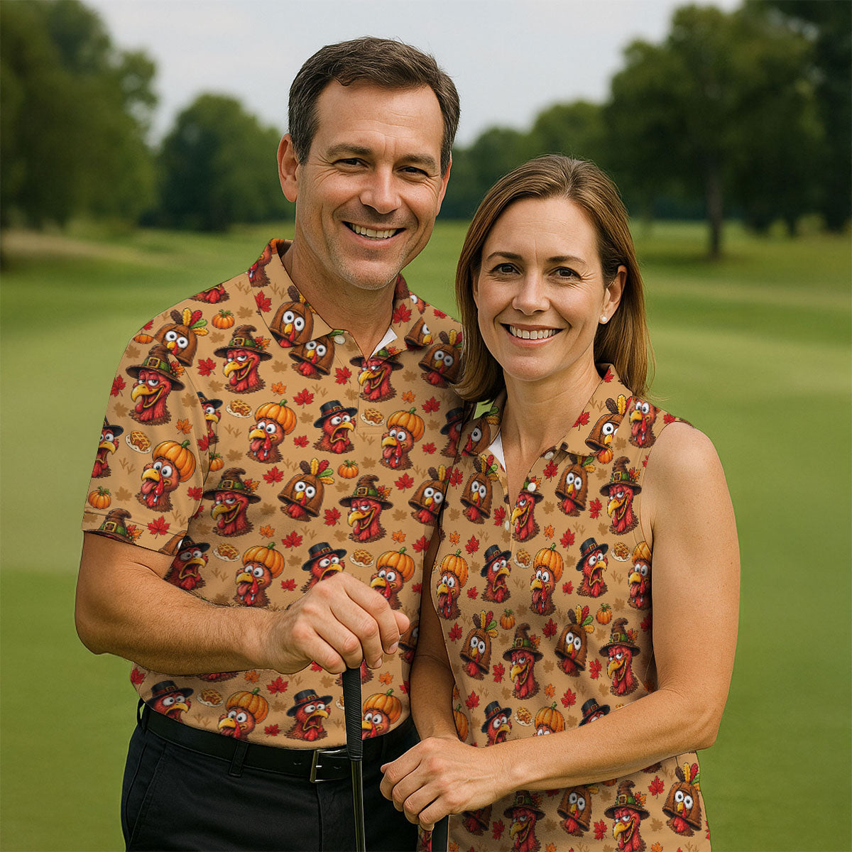 Thanksgiving Pilgrim Turkey Pumpkin Golf Shirt, Womens Golf Tops, Ladies Golf Apparel