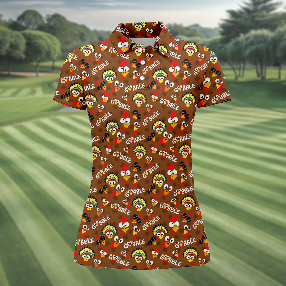 Thanksgiving Gobble Turkey Heads Golf Shirt, Womens Golf Tops, Womens Golf Apparel