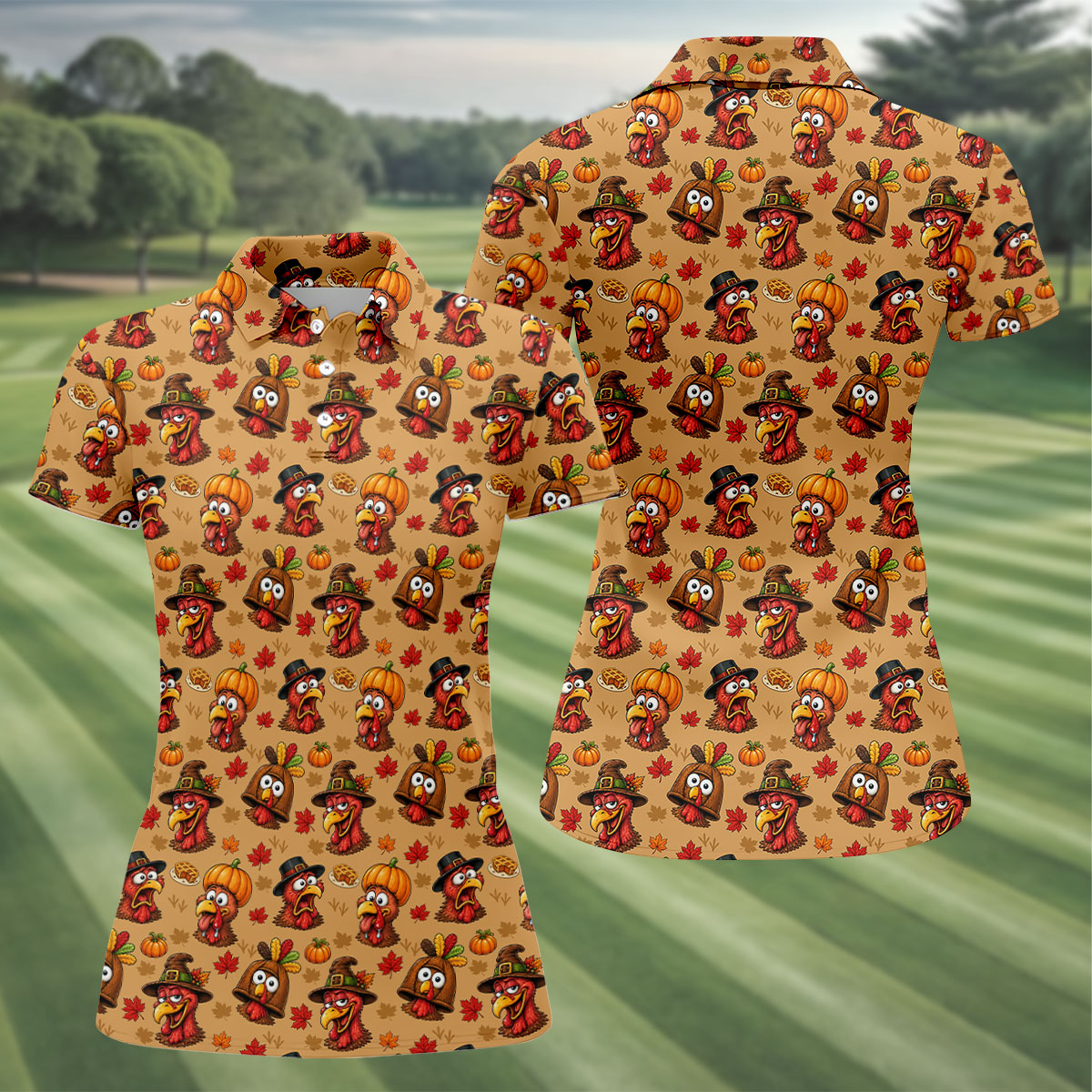 Thanksgiving Pilgrim Turkey Pumpkin Golf Shirt, Womens Golf Tops, Ladies Golf Apparel