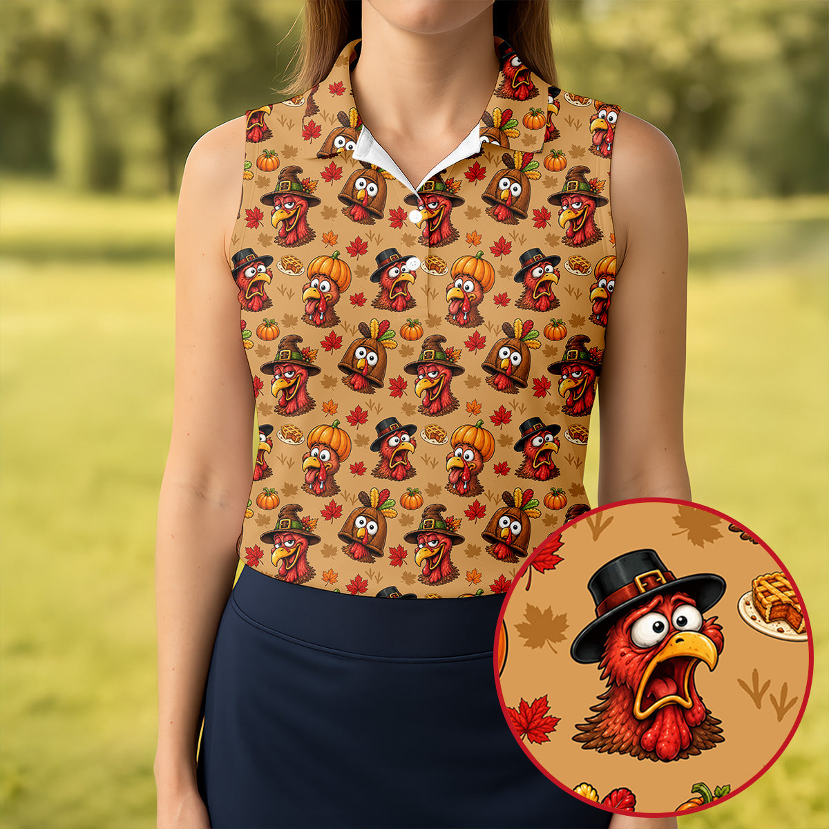 Thanksgiving Pilgrim Turkey Pumpkin Golf Shirt, Womens Golf Tops, Ladies Golf Apparel