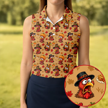 Thanksgiving Pilgrim Turkey Pumpkin Golf Shirt, Womens Golf Tops, Ladies Golf Apparel