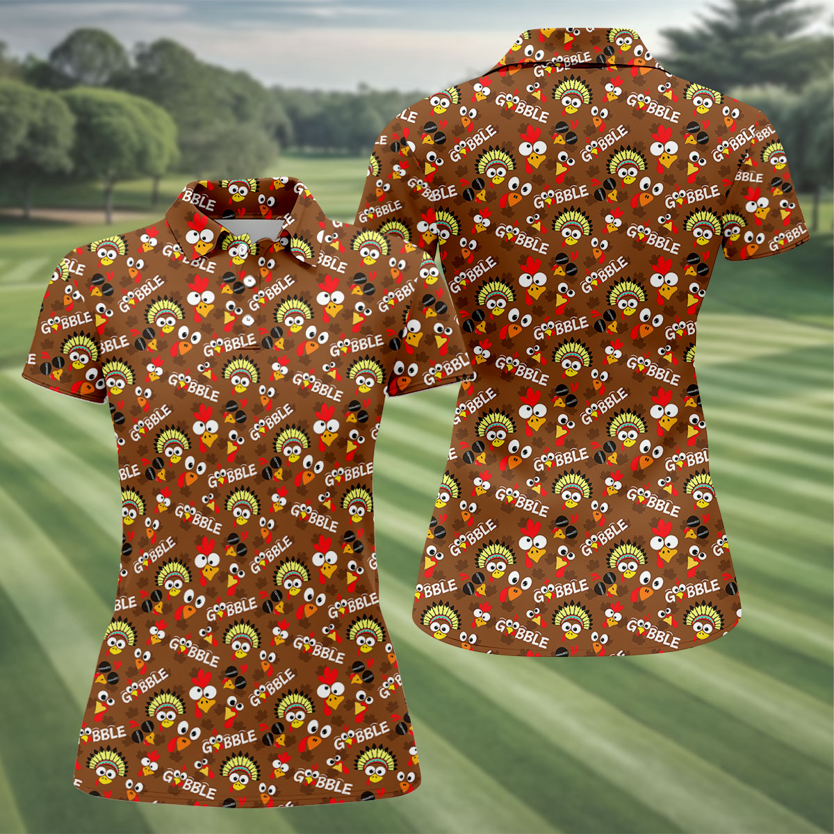 Thanksgiving Gobble Turkey Heads Golf Shirt, Womens Golf Tops, Womens Golf Apparel