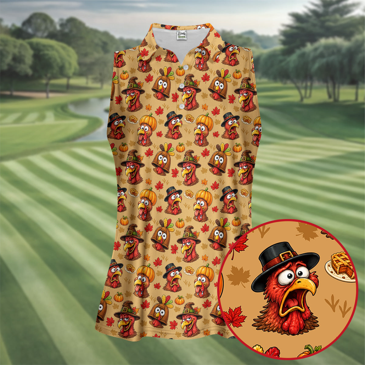 Thanksgiving Pilgrim Turkey Pumpkin Golf Shirt, Womens Golf Tops, Ladies Golf Apparel