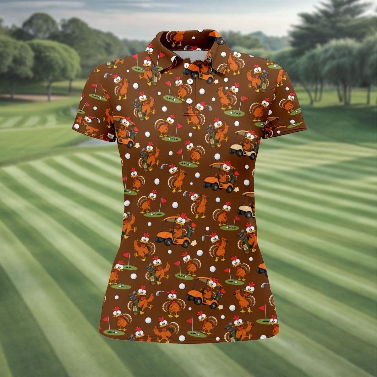 Thanksgiving Turkey Golf Cart Golf Polo Shirt, Womens Golf Tops, Golf Shirts For Women