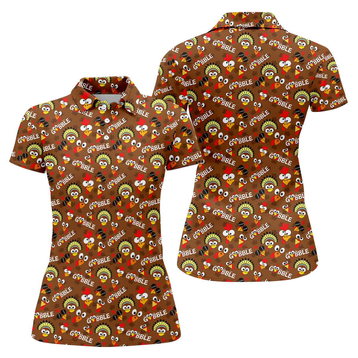 Thanksgiving Gobble Turkey Heads Golf Shirt, Womens Golf Tops, Womens Golf Apparel