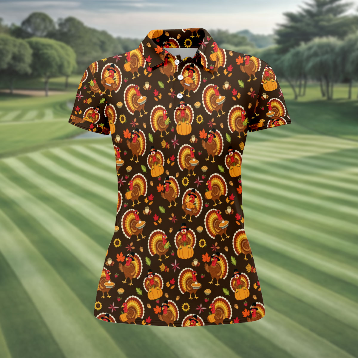 Thanksgiving Turkey Medallion Golf Shirt, Womens Golf Tops, Golf Shirts For Women