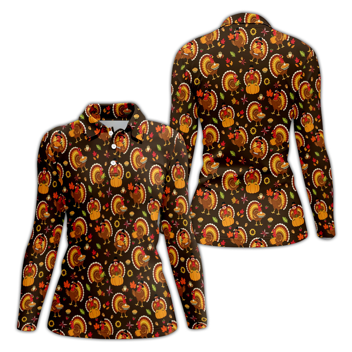 Thanksgiving Turkey Medallion Golf Shirt, Womens Golf Tops, Golf Shirts For Women