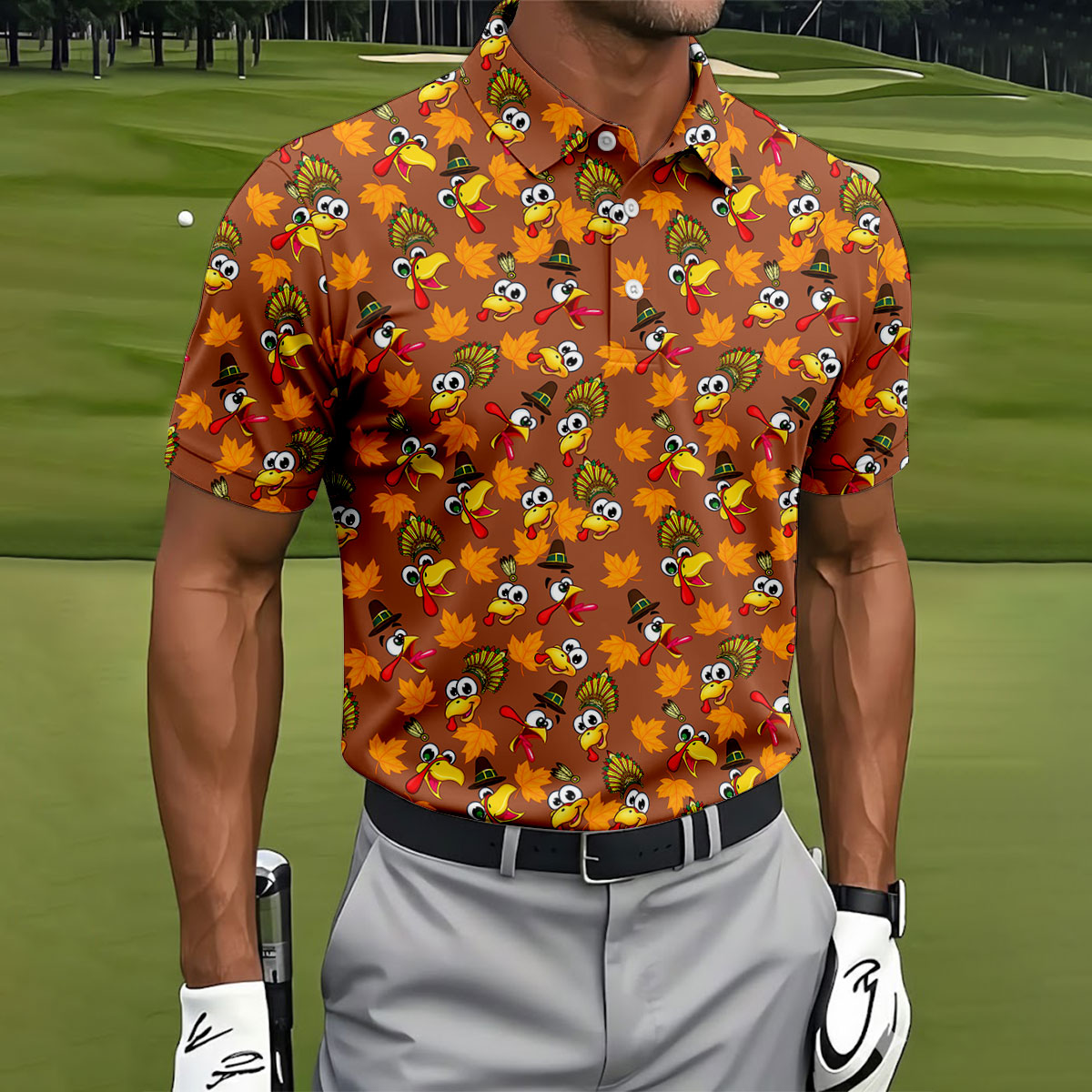 Thanksgiving Turkey Leaves Golf Shirt, Golf Shirts For Men, Funny Mens Golf Shirts
