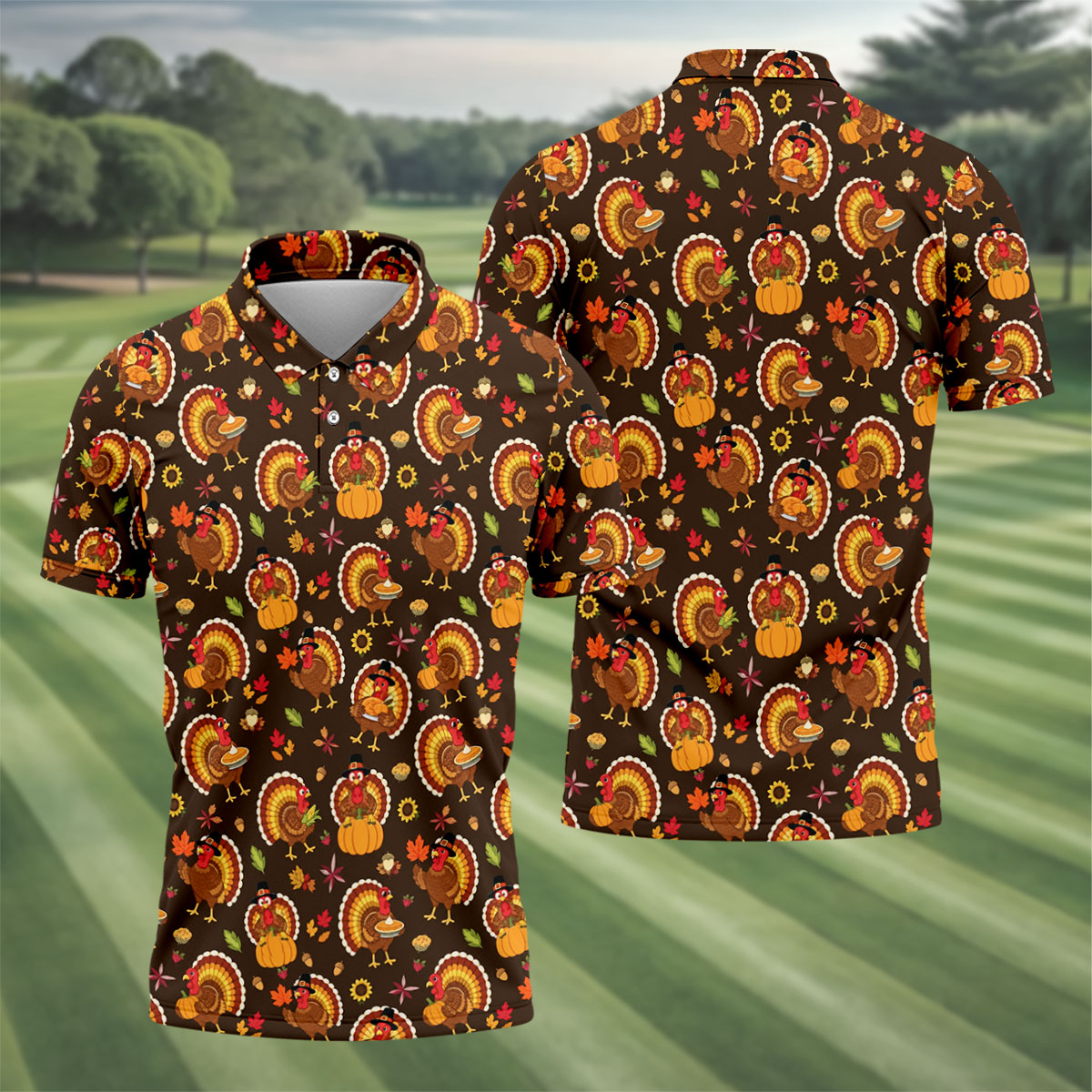 Thanksgiving Turkey Medallion Golf Shirt, Mens Golf Polo, Funny Mens Golf Shirts