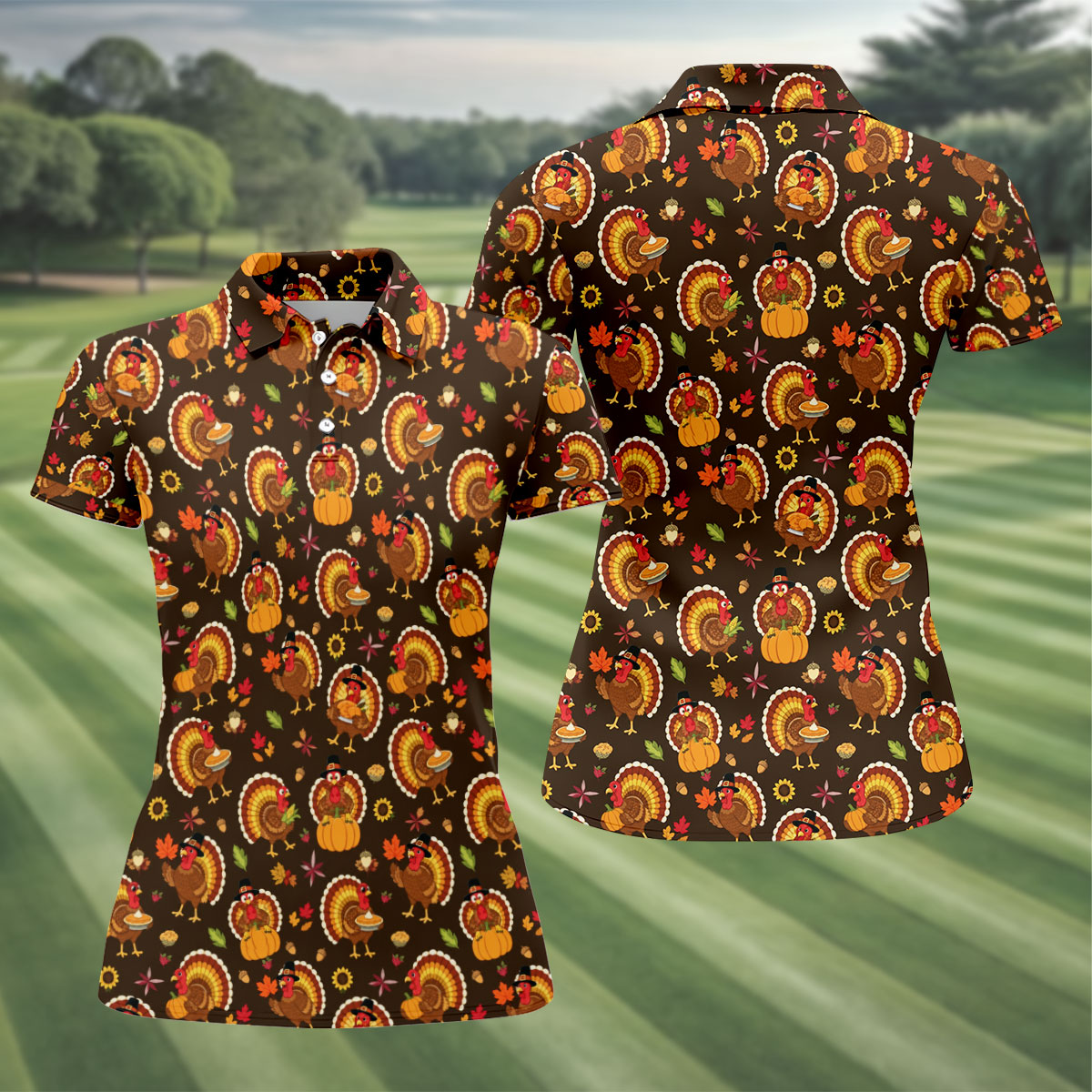 Thanksgiving Turkey Medallion Golf Shirt, Womens Golf Tops, Golf Shirts For Women