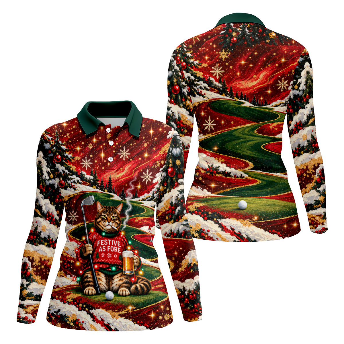 Funny Cat Beer Snow Christmas Golf Shirt, Womens Golf Tops, Golf Shirts For Women
