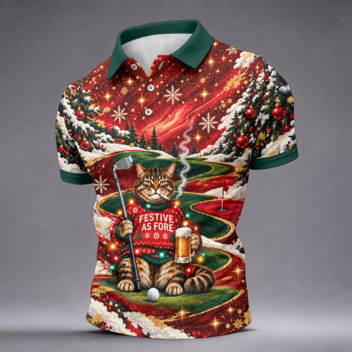 Cat Beer Snow Christmas Golf Shirt, Golf Shirts For Men, Mens Holiday Golf Shirts