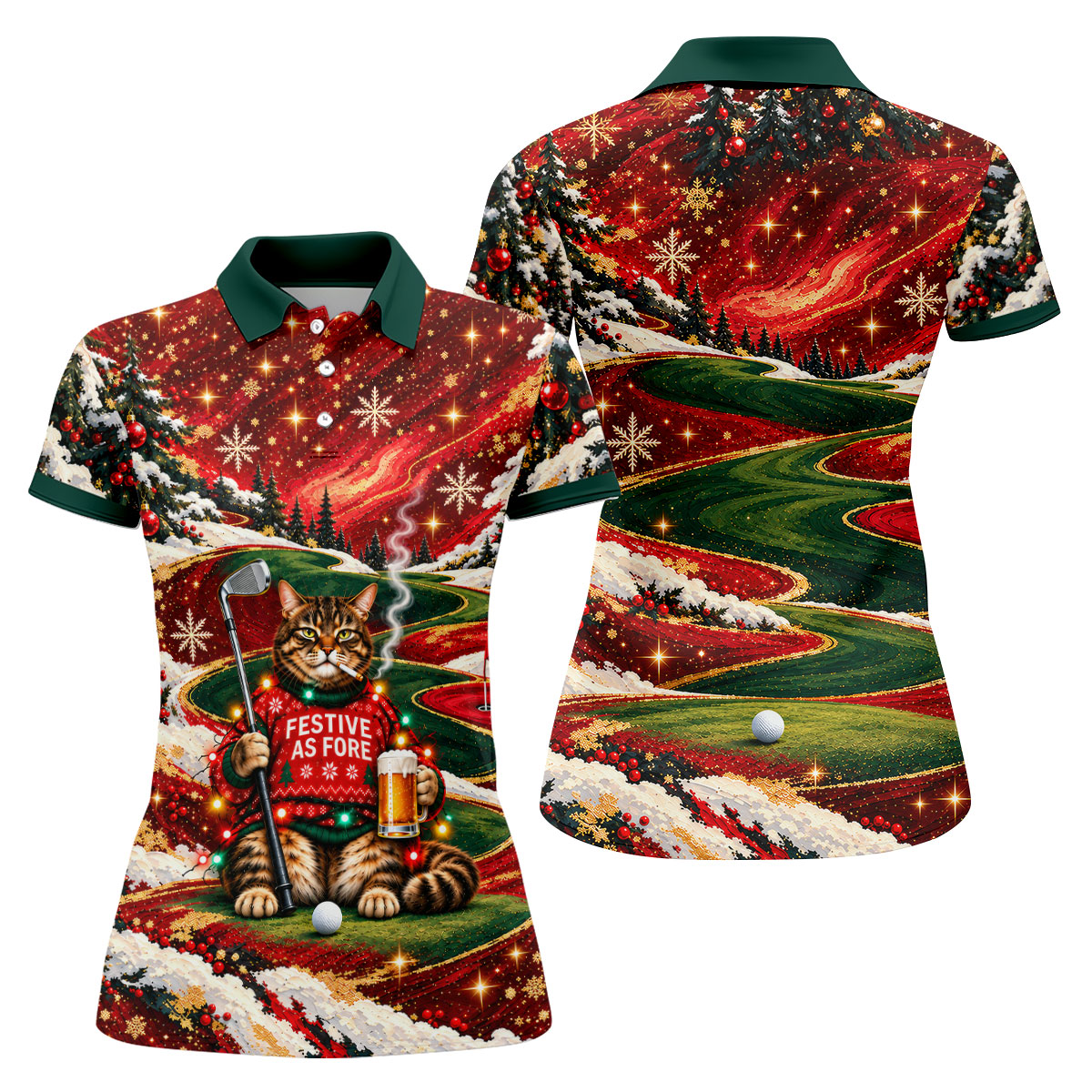 Funny Cat Beer Snow Christmas Golf Shirt, Womens Golf Tops, Golf Shirts For Women