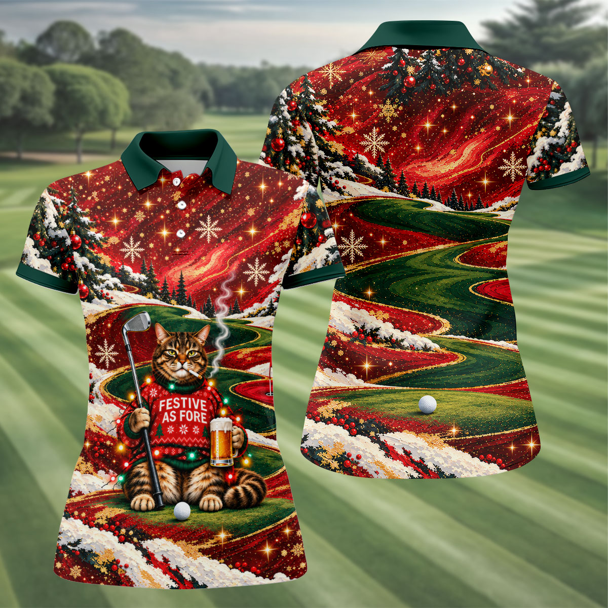 Funny Cat Beer Snow Christmas Golf Shirt, Womens Golf Tops, Golf Shirts For Women
