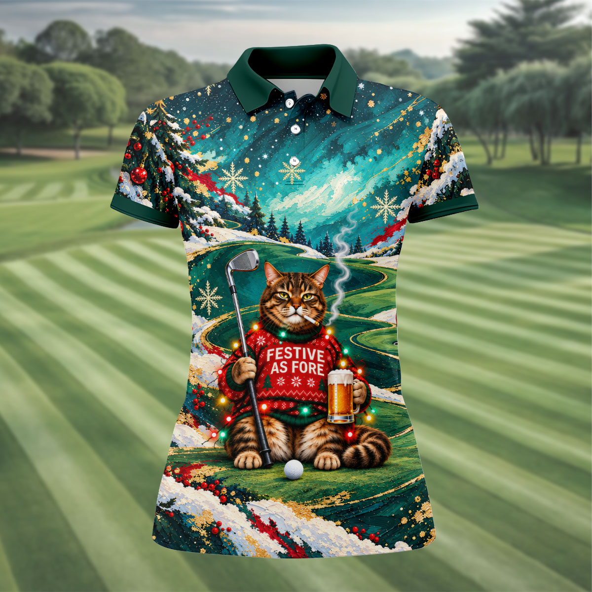 Aurora Cat Beer Christmas Golf Shirt, Womens Golf Apparel, Golf Shirts For Women