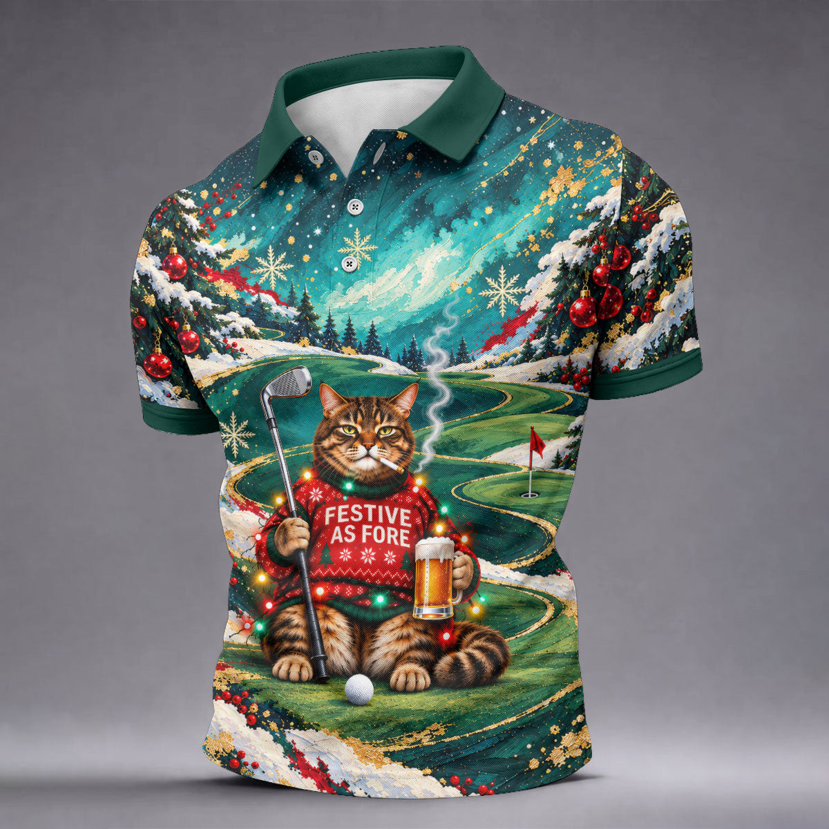 Aurora Cat Beer Christmas Golf Shirt, Mens Golf Shirts, Mens Holiday Golf Shirts