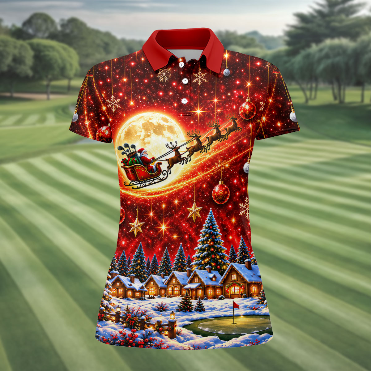 Santa Sleigh Comet Christmas Golf Shirt, Ladies Golf Shirts, Womens Golf Apparel