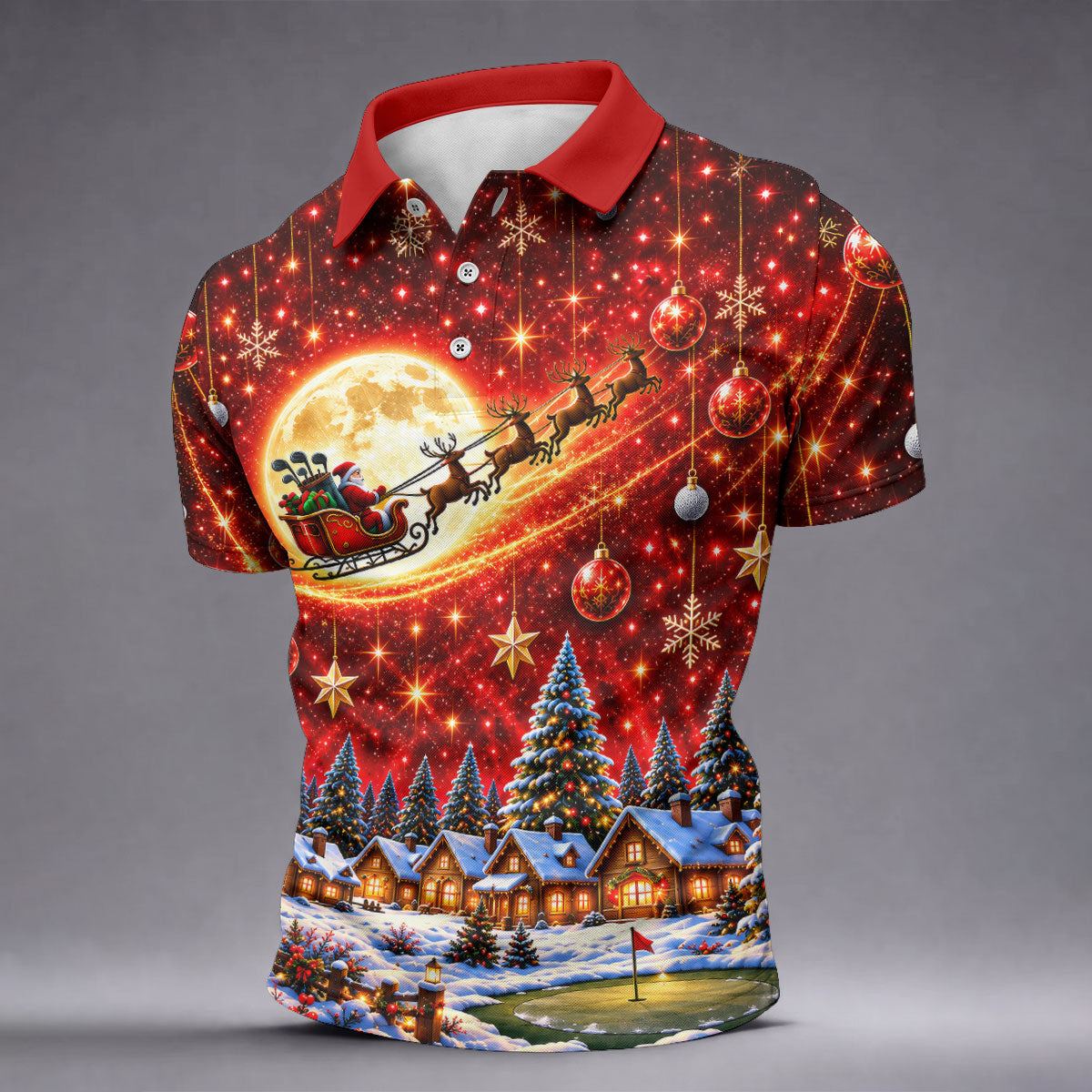Santa Sleigh Comet Christmas Golf Shirt, Mens Golf Polo, Mens Holiday Golf Shirts