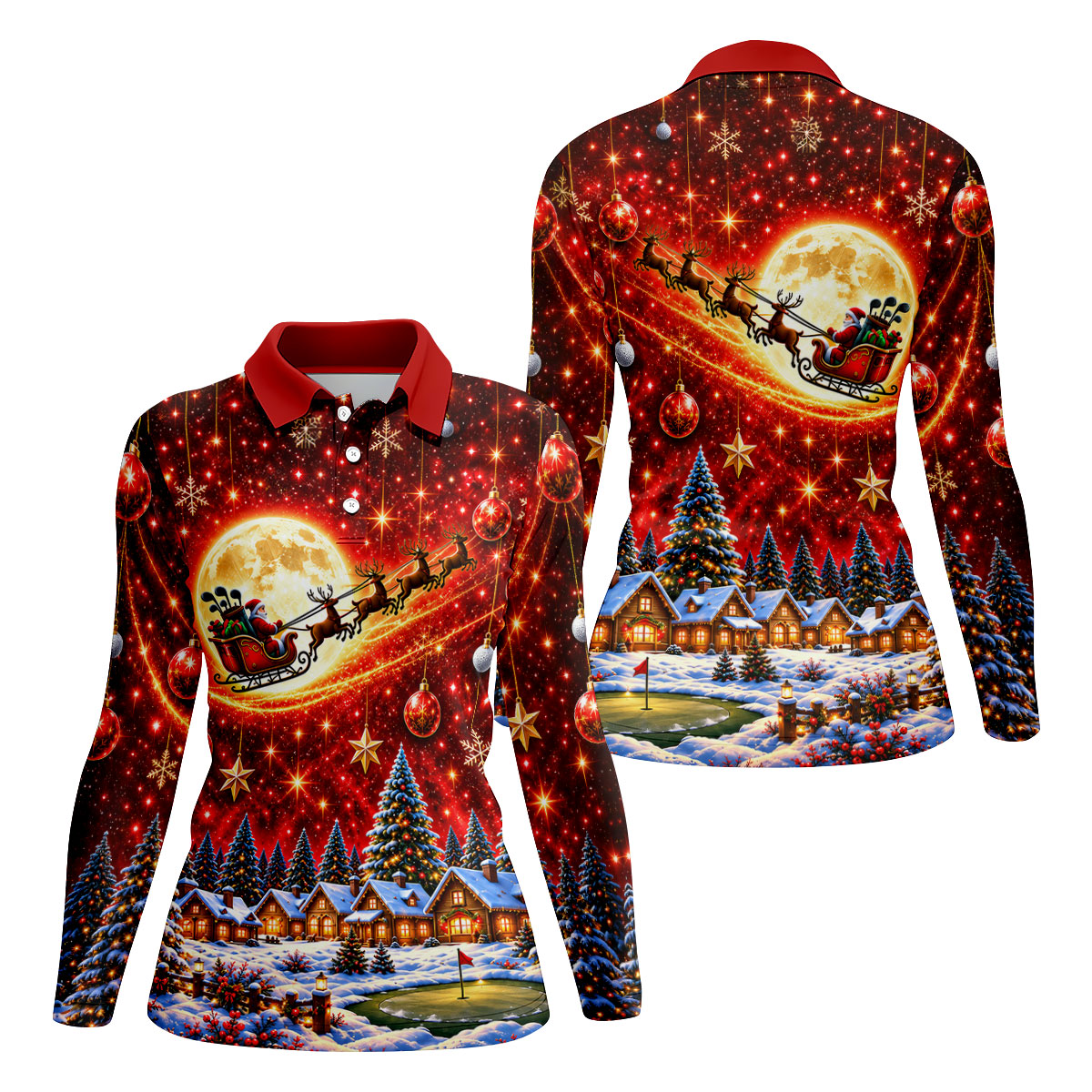 Santa Sleigh Comet Christmas Golf Shirt, Ladies Golf Shirts, Womens Golf Apparel