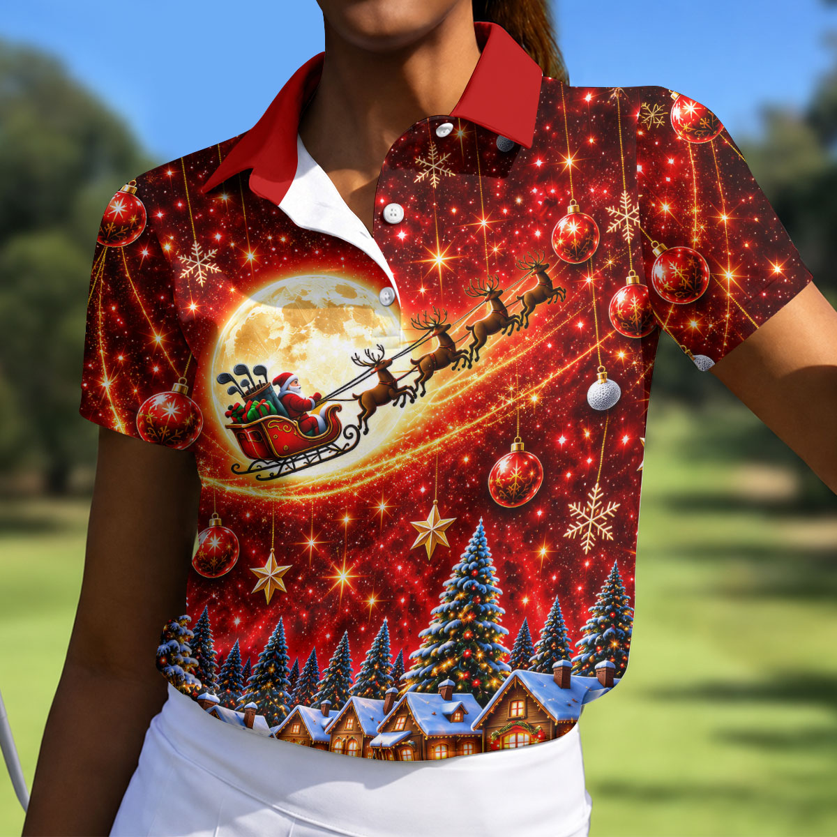 Santa Sleigh Comet Christmas Golf Shirt, Ladies Golf Shirts, Womens Golf Apparel