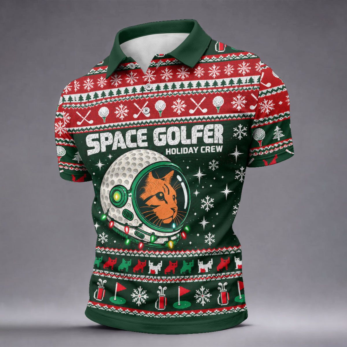Space Golfer Christmas Golf Shirt, Funny Mens Golf Shirts, Mens Holiday Golf Shirts