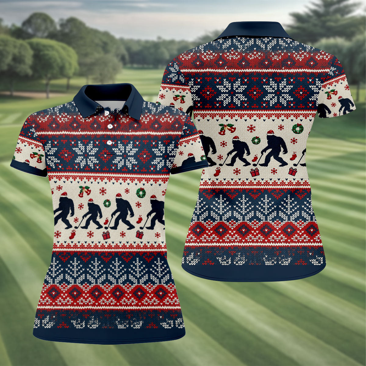 Funny Bigfoot Santa Christmas Golf Shirt, Ladies Golf Shirts, Ladies Golf Apparel