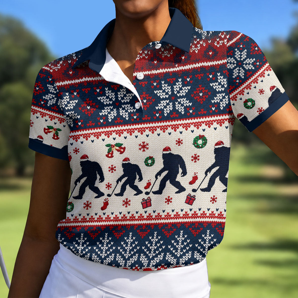 Funny Bigfoot Santa Christmas Golf Shirt, Ladies Golf Shirts, Ladies Golf Apparel