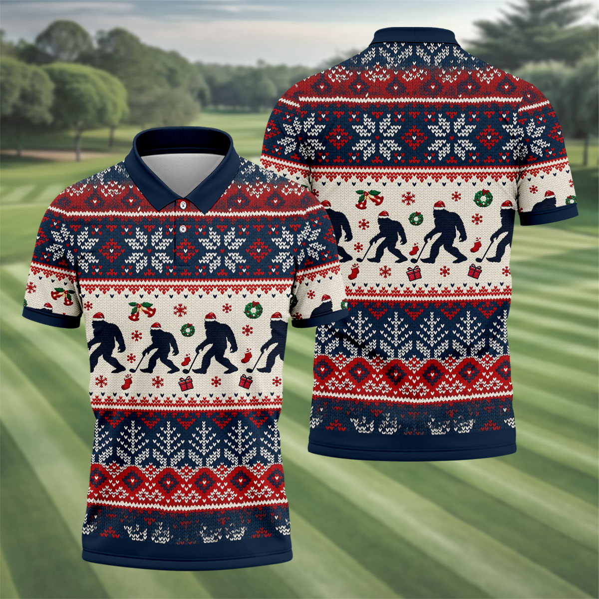 Bigfoot Santa Christmas Golf Shirt, Mens Golf Clothing, Mens Holiday Golf Shirts