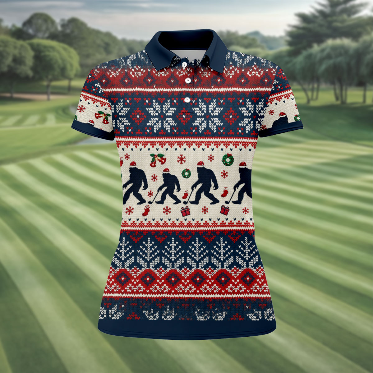 Funny Bigfoot Santa Christmas Golf Shirt, Ladies Golf Shirts, Ladies Golf Apparel