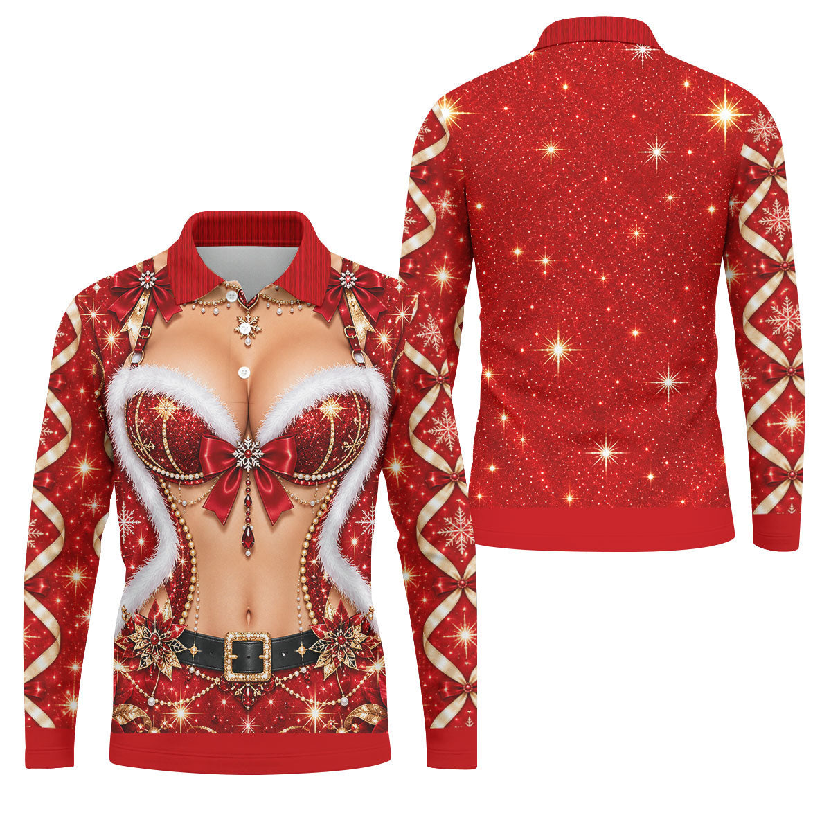 Glitter Santa Bra Fur Trim Christmas Golf Shirt, Mens Golf Shirts, Mens Golf Apparel