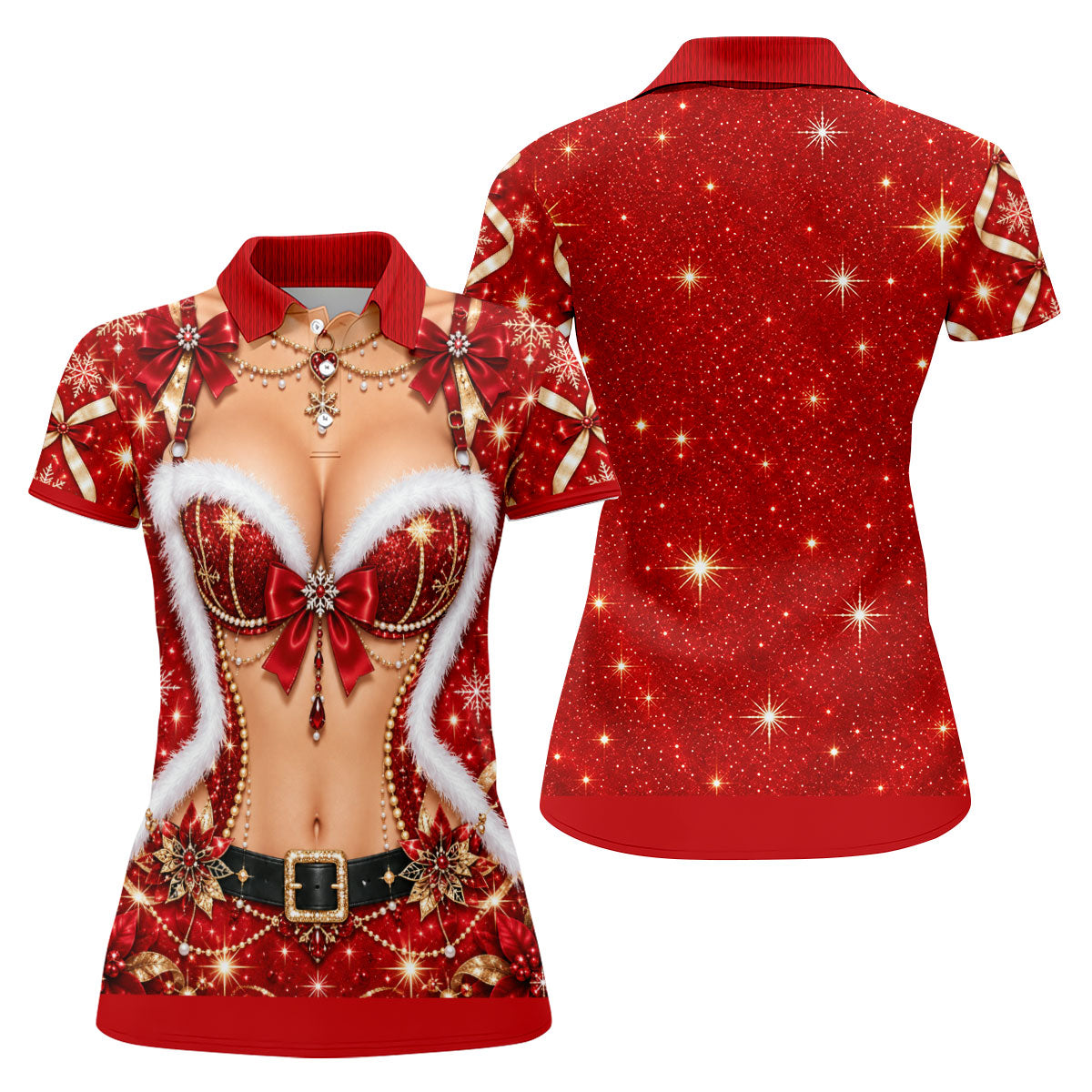 Glitter Santa Bra Fur Trim Christmas Golf Shirt, Ladies Golf Shirts, Womens Golf Tops