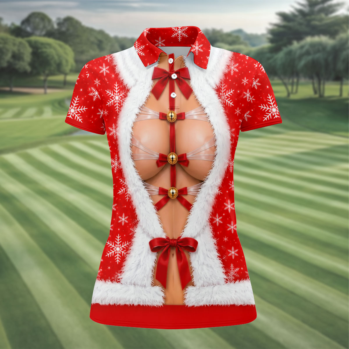 Ribbon Bells Busty Santa Christmas Golf Shirt, Womens Golf Clothing, Ladies Golf Tops