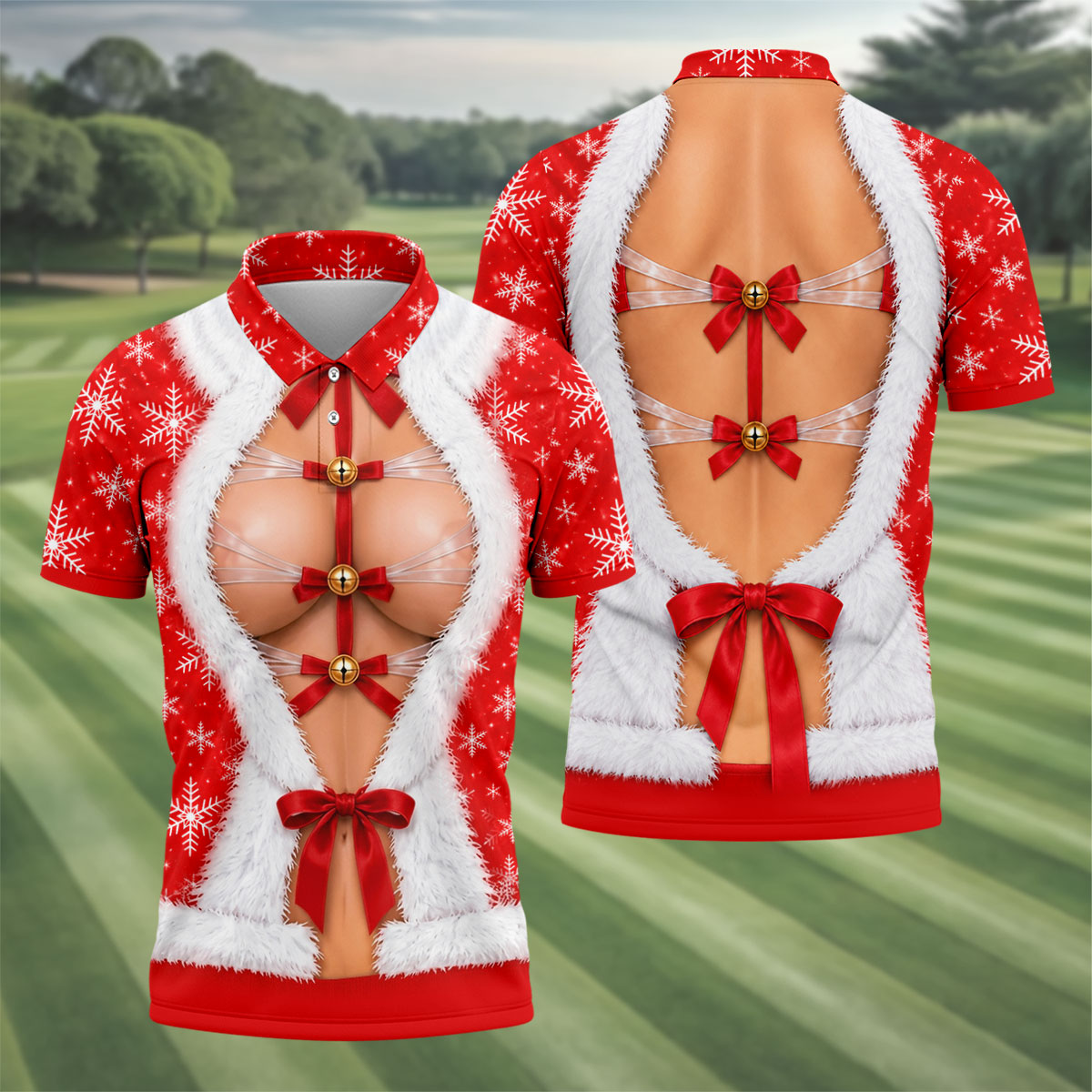 Ribbon Bells Busty Santa Christmas Golf Shirt, Mens Golf Polo, Funny Mens Golf Shirts