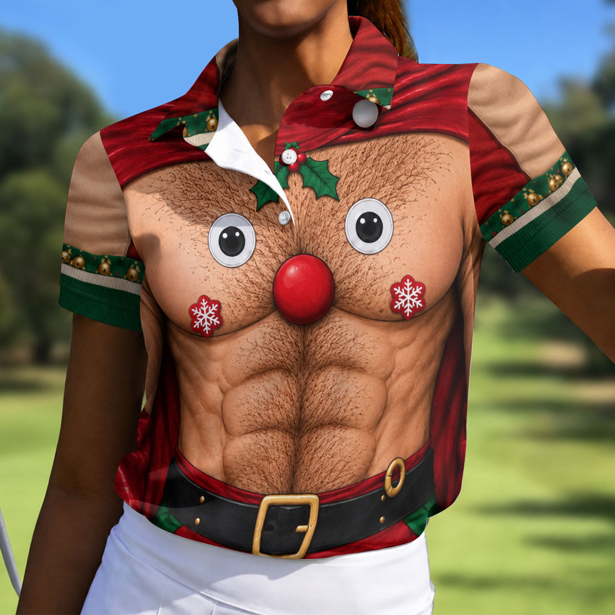 Reindeer Hairy Chest Abs Christmas Golf Shirt, Womens Golf Tops, Golf Gifts For Women