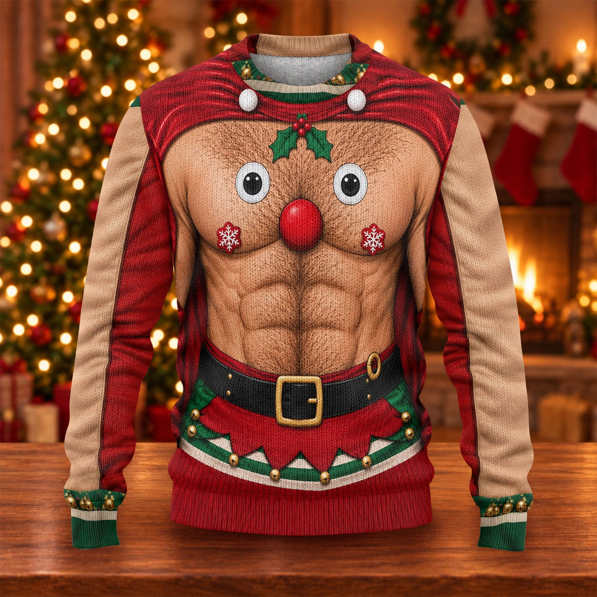 Reindeer Hairy Chest Abs Ugly Christmas Sweater, Christmas Gifts, Christmas Golf Gift