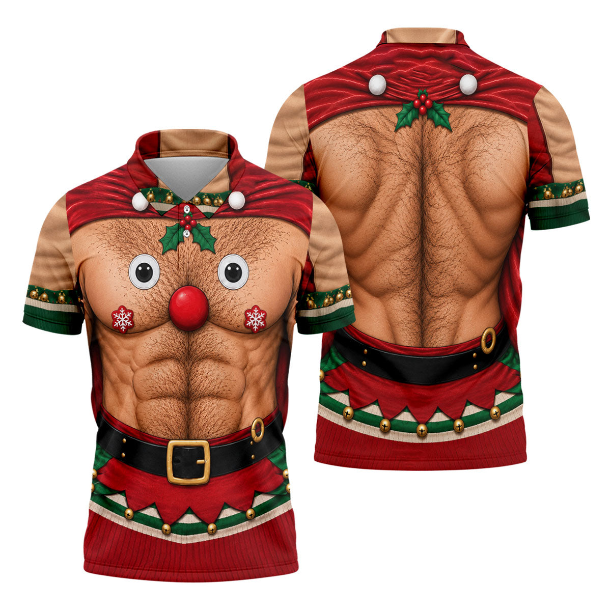 Reindeer Hairy Chest Abs Christmas Golf Shirt, Golf Shirts For Men, Mens Golf Shirts