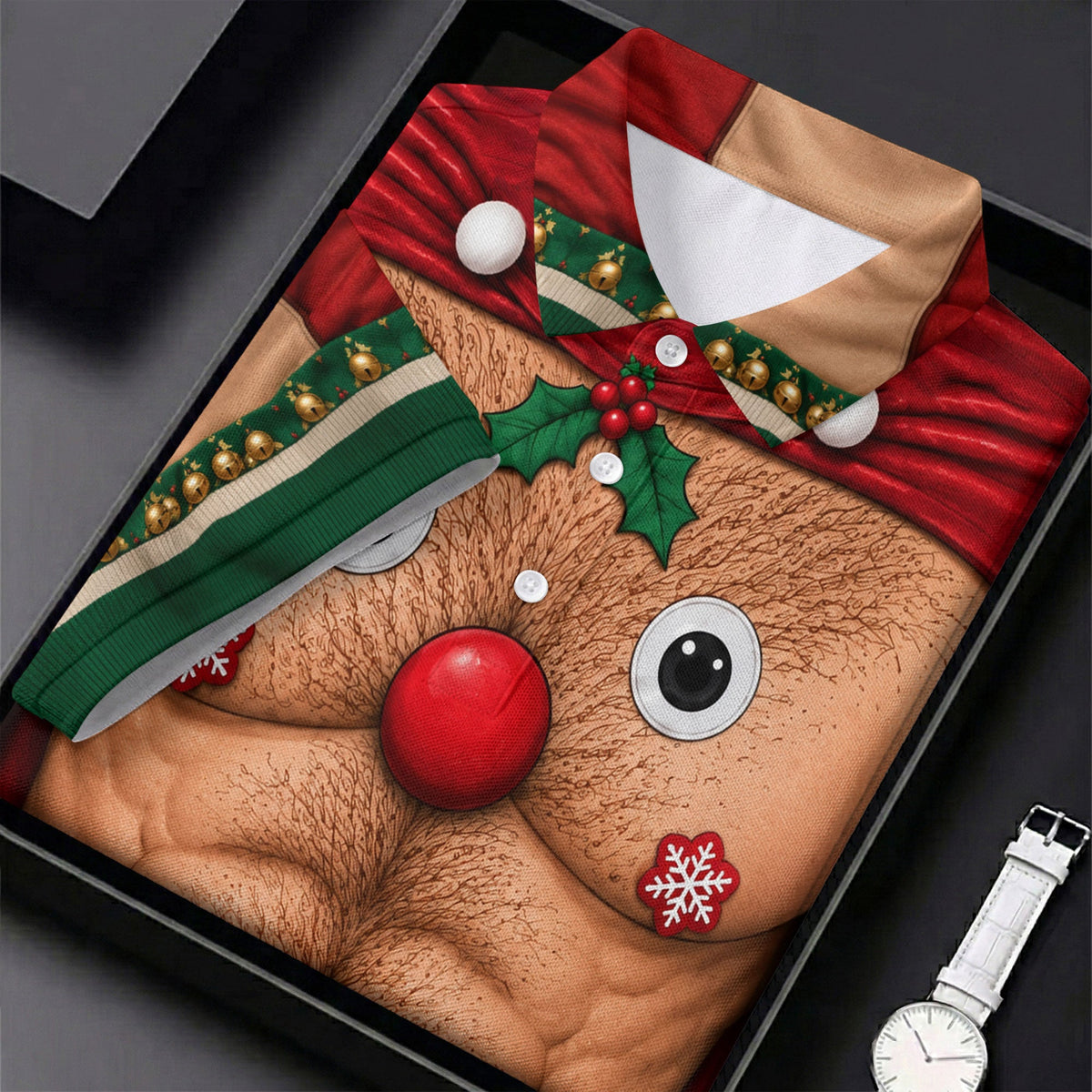 Reindeer Hairy Chest Abs Christmas Golf Shirt, Golf Shirts For Men, Mens Golf Shirts