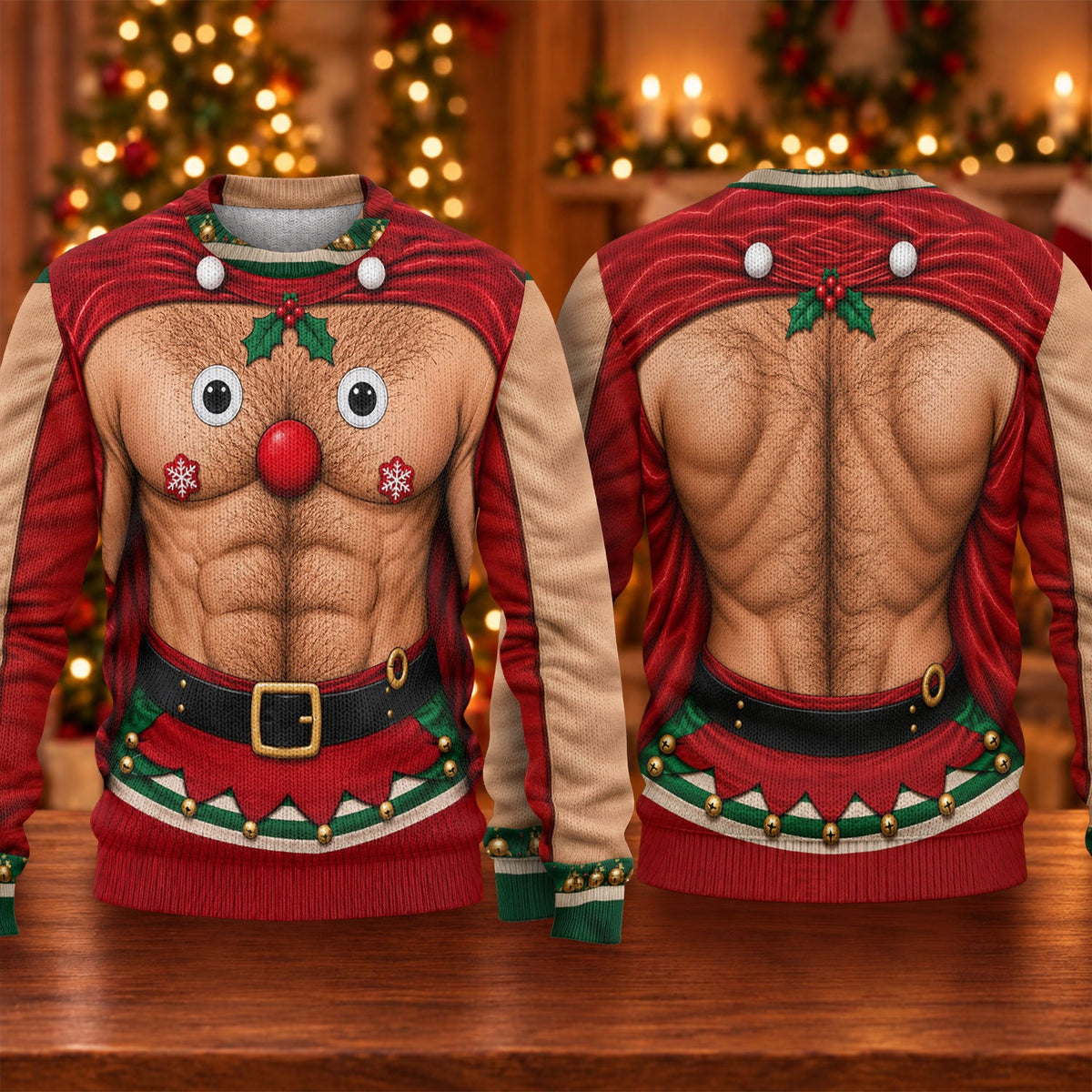 Reindeer Hairy Chest Abs Ugly Christmas Sweater, Christmas Gifts, Christmas Golf Gift