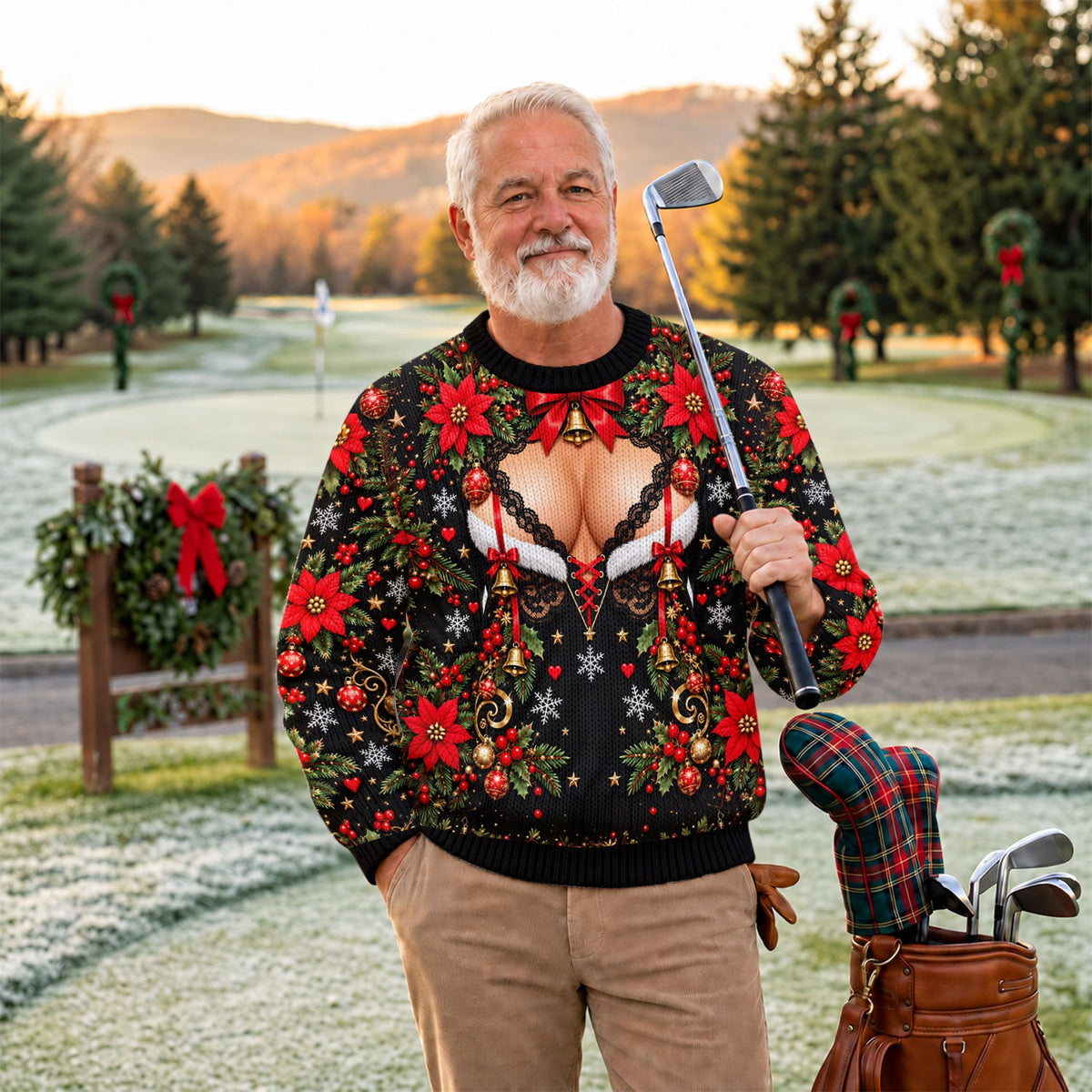 Poinsettia Busty Bells Ugly Christmas Sweater, Holiday Party Sweater, Funny Xmas Gift