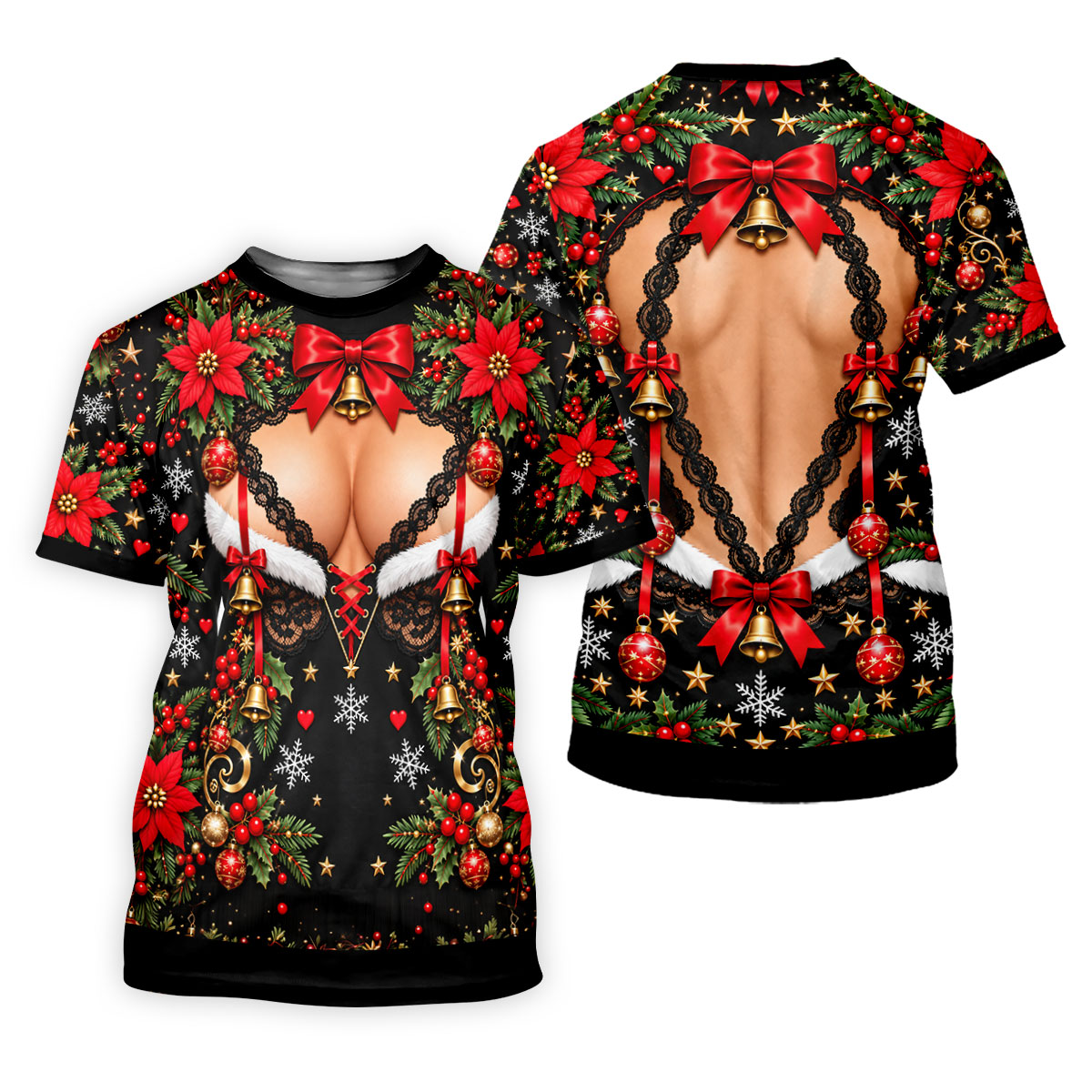 Poinsettia Busty Bells Christmas Golf Shirt, Mens Holiday Golf Shirts, Mens Golf Polo