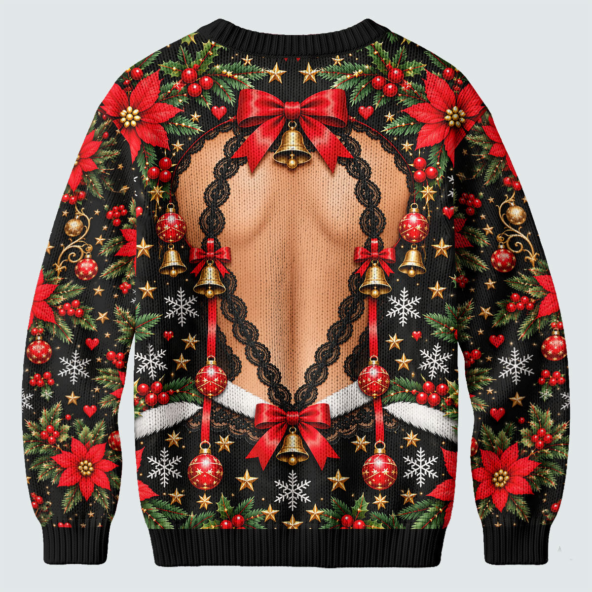 Poinsettia Busty Bells Ugly Christmas Sweater, Holiday Party Sweater, Funny Xmas Gift